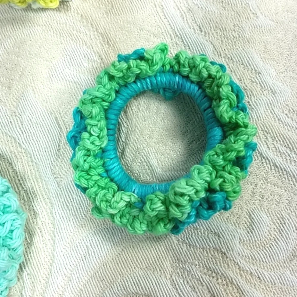 Scrunchies crocheted handmade lot of 4 bundle turquoise blue yellow multicolor